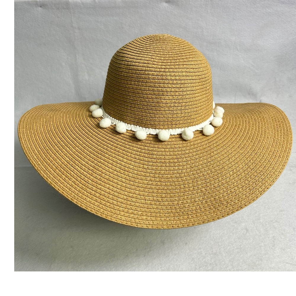 Summer Boho Sprinkled with Pink Women‎ OS Tan Wide Brim Pom Pom Floppy Sun Hat